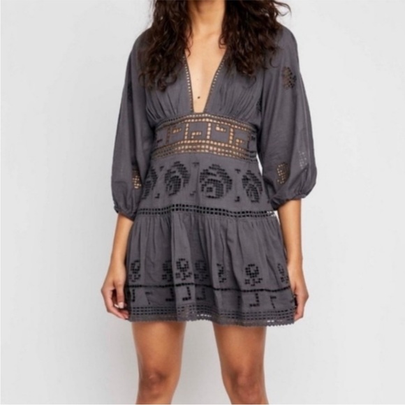 Free People grey tea time embroidered dress - Picture 1 of 5